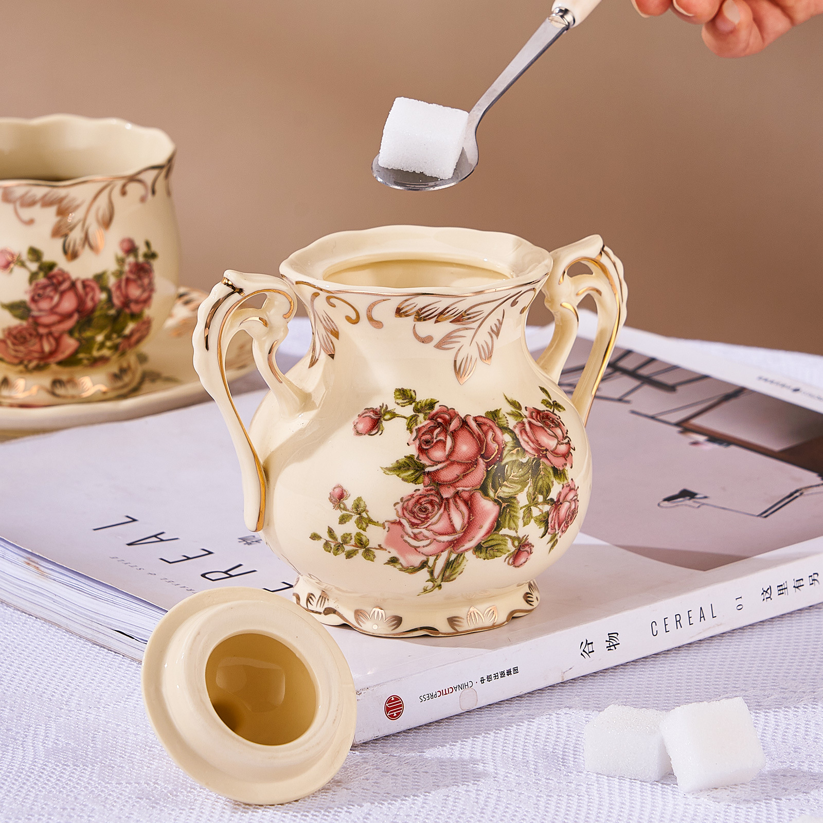2pcs,Rose pattern ceramic milk – Tea Coffee Sugar Container recenzja i cena